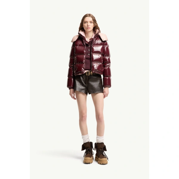 Moncler Niveole Short Down Jacket in Burgundy, view 2 | Women's Puffer Jackets | Coveti