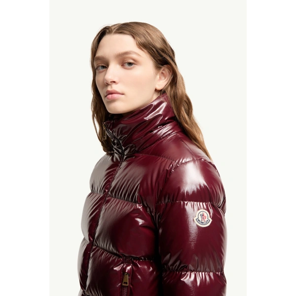 Moncler Niveole Short Down Jacket in Burgundy, view 3 | Women's Puffer Jackets | Coveti