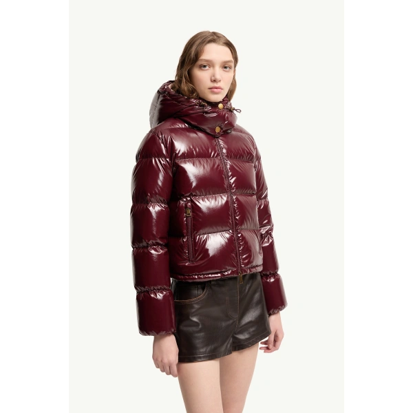 Moncler Niveole Short Down Jacket in Burgundy, view 4 | Women's Puffer Jackets | Coveti