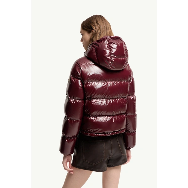 Moncler Niveole Short Down Jacket in Burgundy, view 5 | Women's Puffer Jackets | Coveti