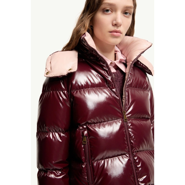 Moncler Niveole Short Down Jacket in Burgundy, view 6 | Women's Puffer Jackets | Coveti
