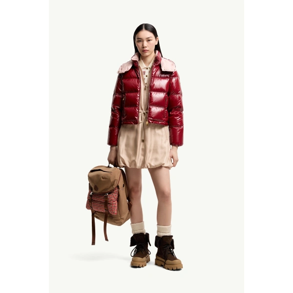Moncler Niveole Short Down Jacket in Ruby Red, view 2 | Women's Puffer Jackets | Coveti