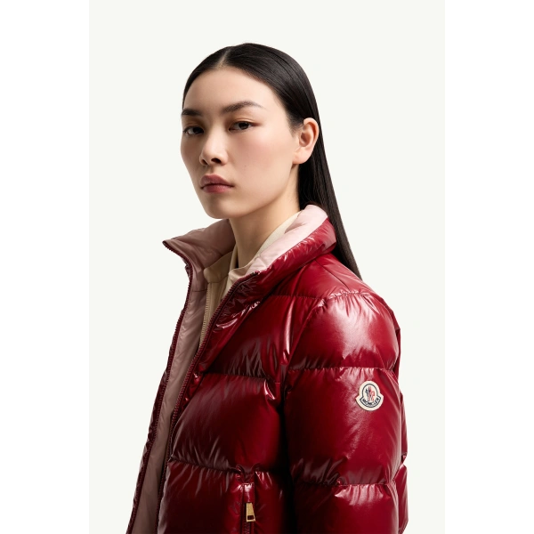 Moncler Niveole Short Down Jacket in Ruby Red, view 3 | Women's Puffer Jackets | Coveti