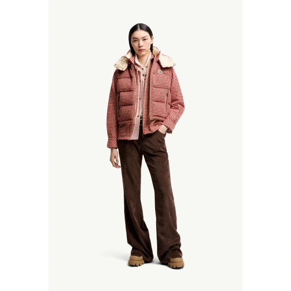 Moncler Niverolle Houndstooth Wool Blend Down Gilet in Rose Pink, view 2 | Women's Vests and Gilets | Coveti