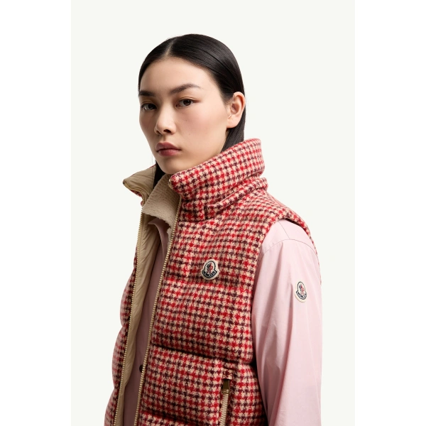 Moncler Niverolle Houndstooth Wool Blend Down Gilet in Rose Pink, view 3 | Women's Vests and Gilets | Coveti
