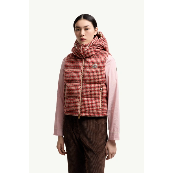 Moncler Niverolle Houndstooth Wool Blend Down Gilet in Rose Pink, view 4 | Women's Vests and Gilets | Coveti