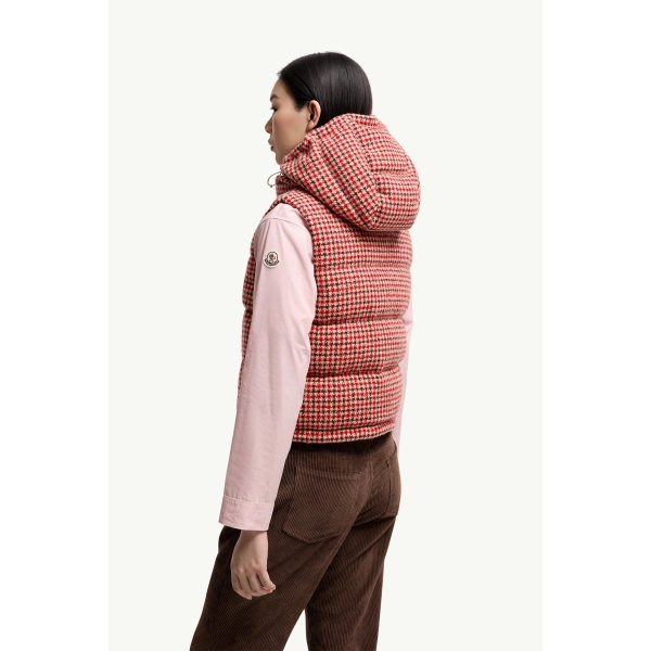 Moncler Niverolle Houndstooth Wool Blend Down Gilet in Rose Pink, view 5 | Women's Vests and Gilets | Coveti