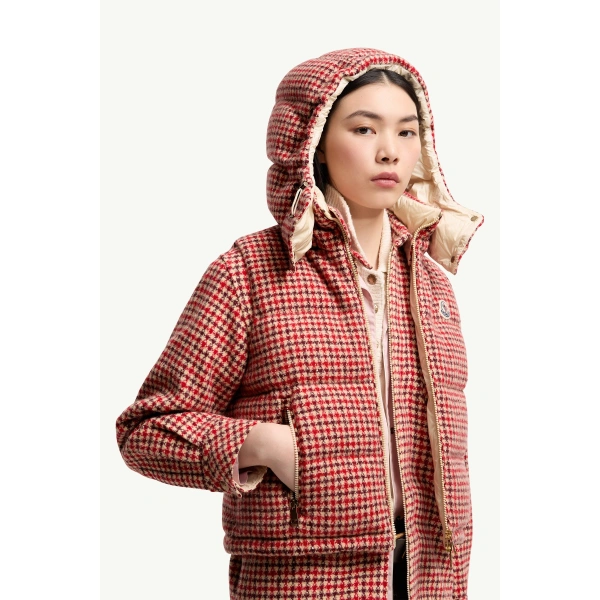 Moncler Niverolle Houndstooth Wool Blend Down Gilet in Rose Pink, view 6 | Women's Vests and Gilets | Coveti