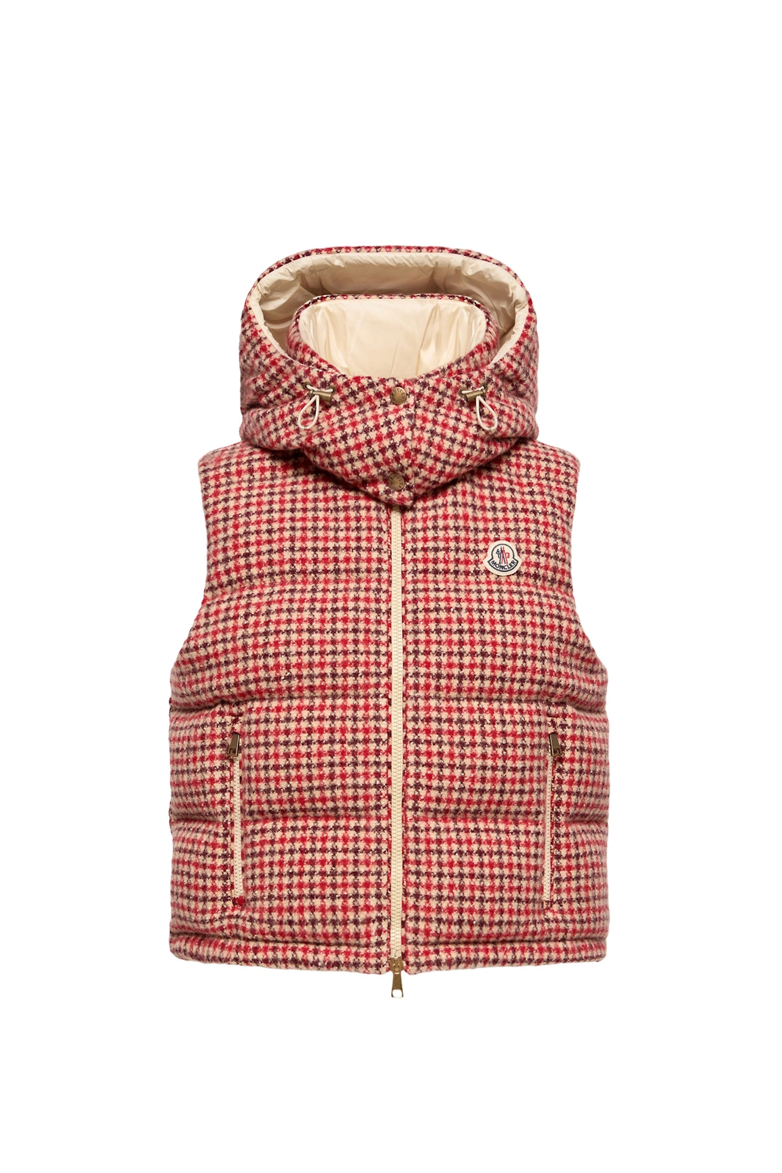 Moncler Niverolle Houndstooth Wool Blend Down Gilet in Rose Pink Moncler Niverolle Houndstooth Wool Blend Down Gilet in Rose Pink | Women's Vests and Gilets | Coveti