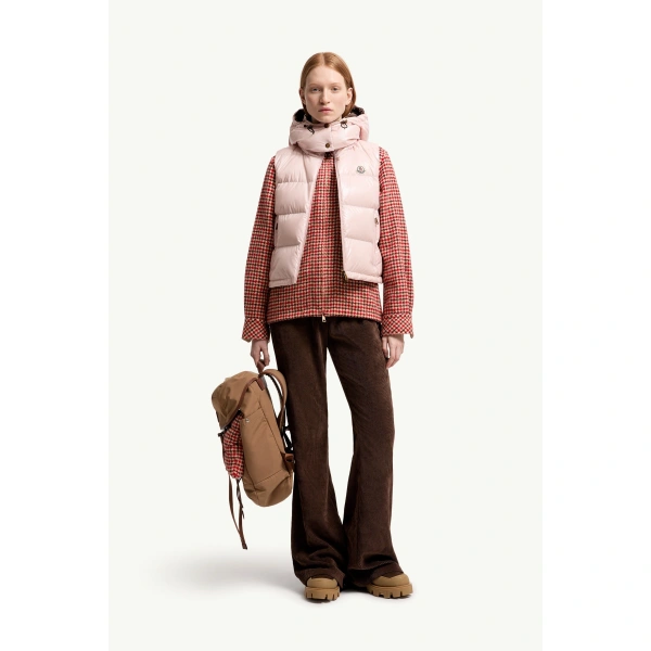 Moncler Niverolle Short Down Gilet in Pink, view 2 | Women's Vests and Gilets | Coveti