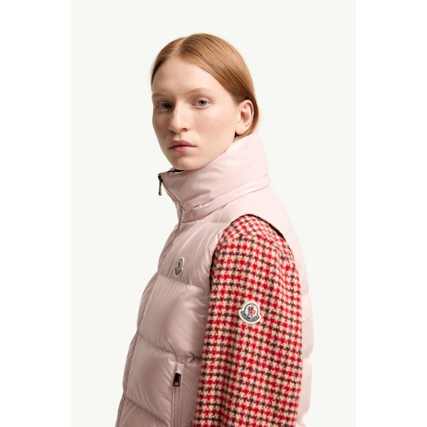 Moncler Niverolle Short Down Gilet in Pink, view 3 | Women's Vests and Gilets | Coveti
