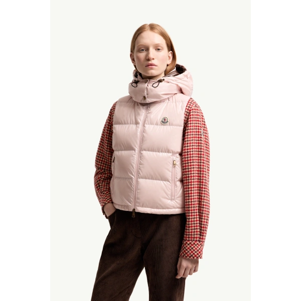 Moncler Niverolle Short Down Gilet in Pink, view 4 | Women's Vests and Gilets | Coveti