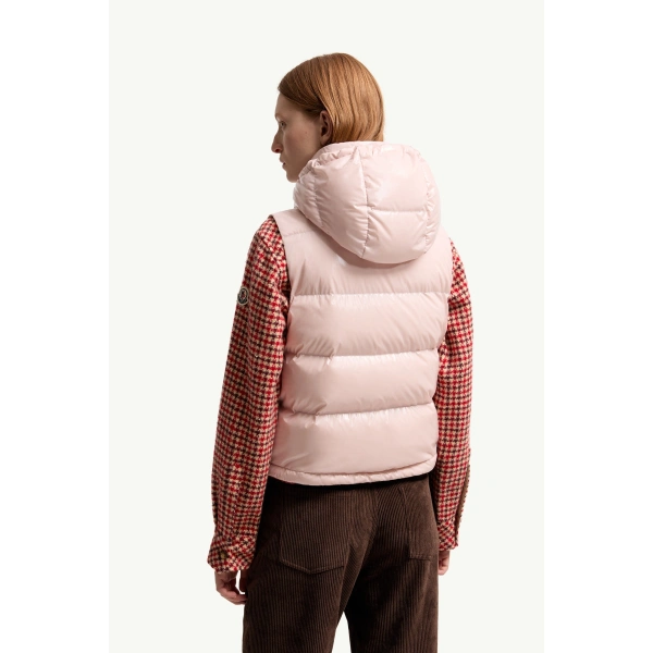 Moncler Niverolle Short Down Gilet in Pink, view 5 | Women's Vests and Gilets | Coveti