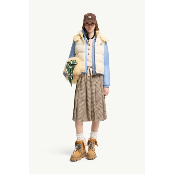 Moncler Niverolle Short Down Gilet in White Ivory, view 2 | Women's Vests and Gilets | Coveti