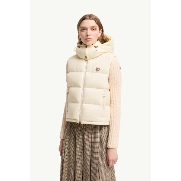 Moncler Niverolle Short Down Gilet in White Ivory, view 4 | Women's Vests and Gilets | Coveti