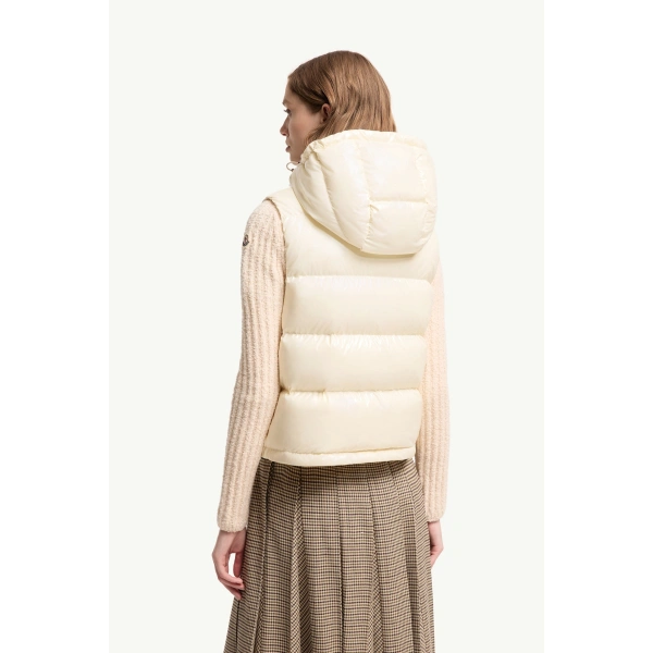 Moncler Niverolle Short Down Gilet in White Ivory, view 5 | Women's Vests and Gilets | Coveti