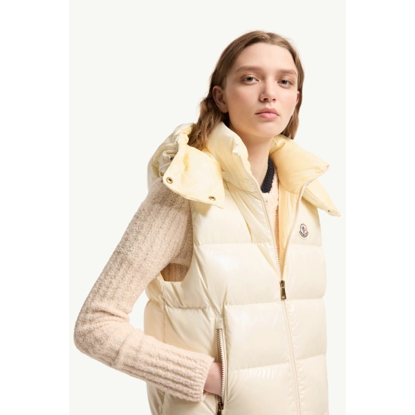 Moncler Niverolle Short Down Gilet in White Ivory, view 6 | Women's Vests and Gilets | Coveti