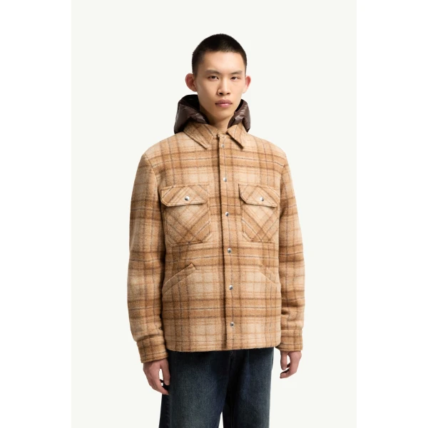 Moncler Nyvalin 3-in-1 Hooded Flannel Down Jacket in Beige, view 4 | Men's Jackets | Coveti
