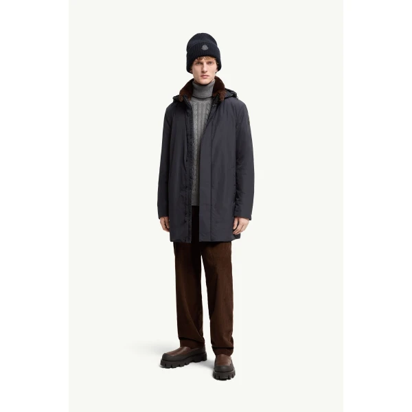 Moncler Okefen Hooded Long Down Parka Jacket in Navy Blue, view 2 | Men's Coats | Coveti