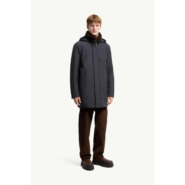 Moncler Okefen Hooded Long Down Parka Jacket in Navy Blue, view 4 | Men's Coats | Coveti