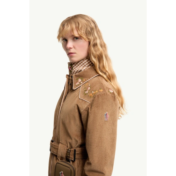 Moncler Olonne Insulated Ski Shirt Jacket in Camel Beige, view 3 | Women's Ski Jackets | Coveti