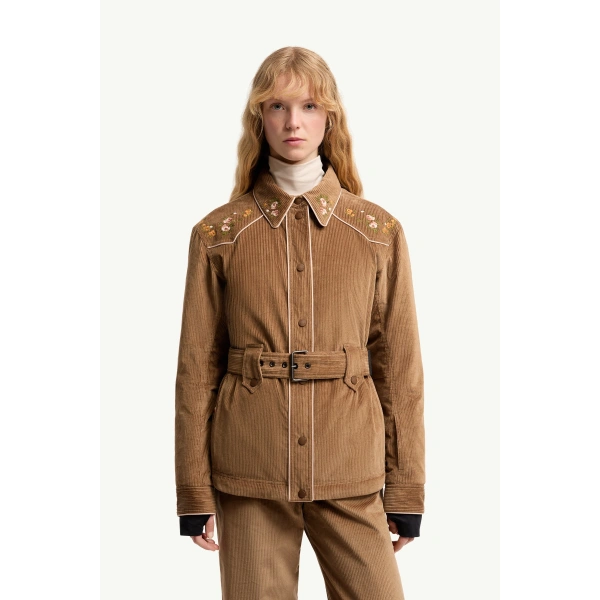 Moncler Olonne Insulated Ski Shirt Jacket in Camel Beige, view 4 | Women's Ski Jackets | Coveti