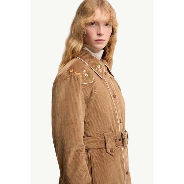 Moncler Olonne Insulated Ski Shirt Jacket in Camel Beige, view 6 | Women's Ski Jackets | Coveti