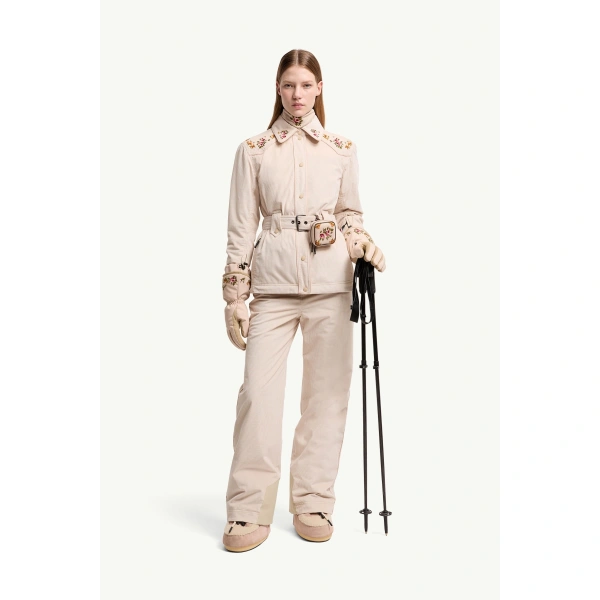 Moncler Olonne Insulated Ski Shirt Jacket in Light Beige, view 2 | Women's Ski Jackets | Coveti