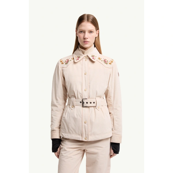 Moncler Olonne Insulated Ski Shirt Jacket in Light Beige, view 4 | Women's Ski Jackets | Coveti
