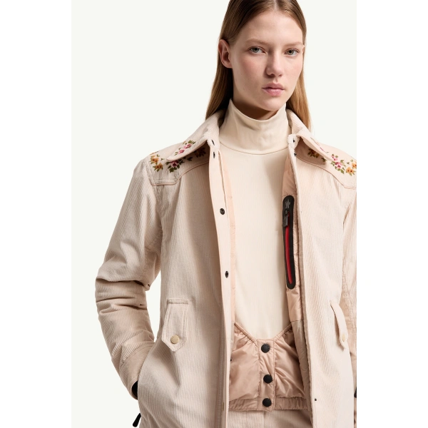 Moncler Olonne Insulated Ski Shirt Jacket in Light Beige, view 6 | Women's Ski Jackets | Coveti