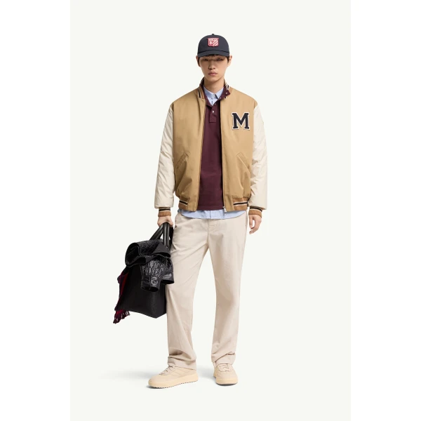 Moncler Oreane Cotton Blend Varsity Down Jacket in Beige & White, view 2 | Men's Jackets | Coveti