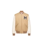 Moncler Oreane Cotton Blend Varsity Down Jacket in Beige & White | Men's Jackets | Coveti