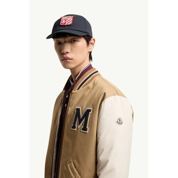 Moncler Oreane Cotton Blend Varsity Down Jacket in Beige & White, view 3 | Men's Jackets | Coveti