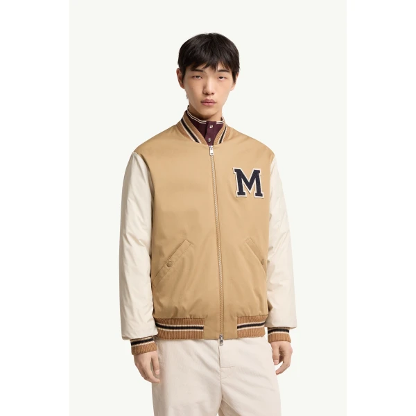 Moncler Oreane Cotton Blend Varsity Down Jacket in Beige & White, view 4 | Men's Jackets | Coveti