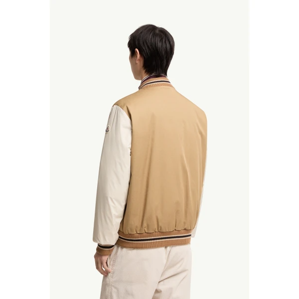 Moncler Oreane Cotton Blend Varsity Down Jacket in Beige & White, view 5 | Men's Jackets | Coveti