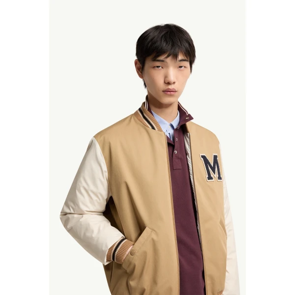 Moncler Oreane Cotton Blend Varsity Down Jacket in Beige & White, view 6 | Men's Jackets | Coveti
