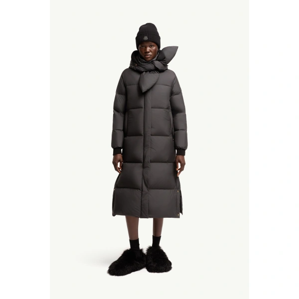 Moncler Ornement Hooded Long Down Jacket in Black, view 2 | Women's Puffer and Down Coats | Coveti