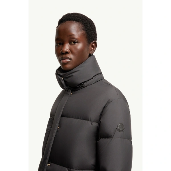 Moncler Ornement Hooded Long Down Jacket in Black, view 3 | Women's Puffer and Down Coats | Coveti