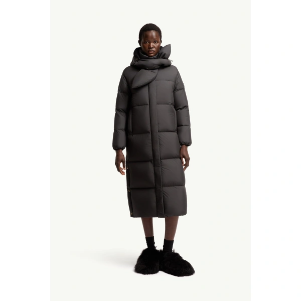 Moncler Ornement Hooded Long Down Jacket in Black, view 4 | Women's Puffer and Down Coats | Coveti