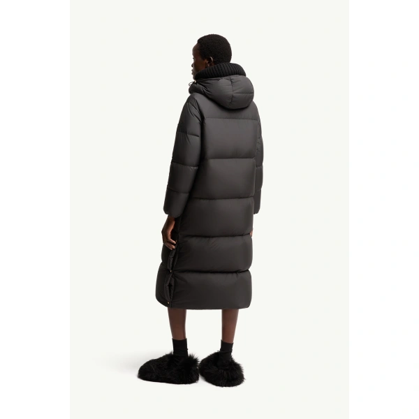 Moncler Ornement Hooded Long Down Jacket in Black, view 5 | Women's Puffer and Down Coats | Coveti