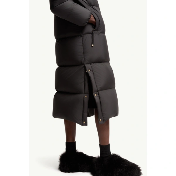 Moncler Ornement Hooded Long Down Jacket in Black, view 6 | Women's Puffer and Down Coats | Coveti