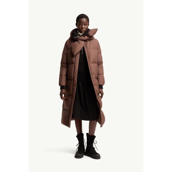 Moncler Ornement Hooded Long Down Jacket in Brown, view 2 | Women's Puffer and Down Coats | Coveti