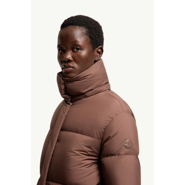 Moncler Ornement Hooded Long Down Jacket in Brown, view 3 | Women's Puffer and Down Coats | Coveti