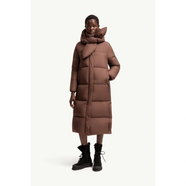 Moncler Ornement Hooded Long Down Jacket in Brown, view 4 | Women's Puffer and Down Coats | Coveti