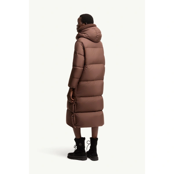 Moncler Ornement Hooded Long Down Jacket in Brown, view 5 | Women's Puffer and Down Coats | Coveti