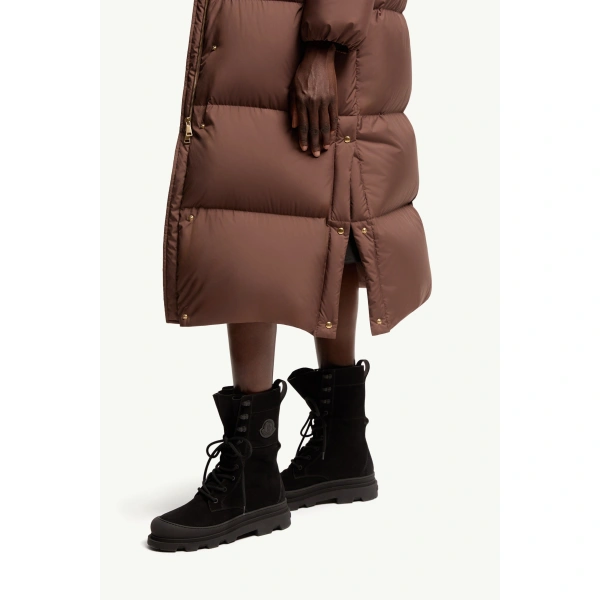 Moncler Ornement Hooded Long Down Jacket in Brown, view 6 | Women's Puffer and Down Coats | Coveti