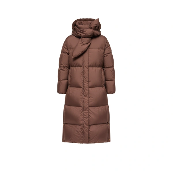 Moncler Ornement Hooded Long Down Jacket in Brown | Women's Puffer and Down Coats | Coveti