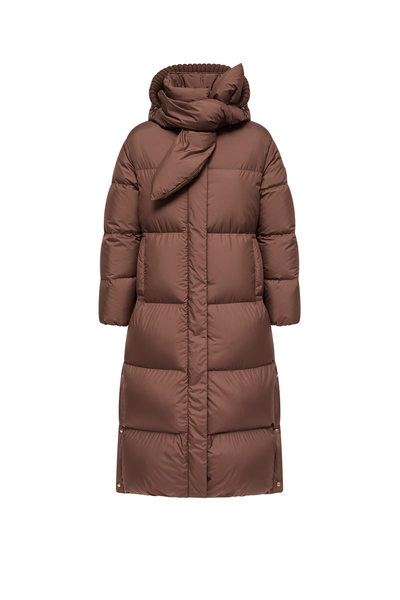 Moncler Ornement Hooded Long Down Jacket in Brown Moncler Ornement Hooded Long Down Jacket in Brown | Women's Puffer and Down Coats | Coveti
