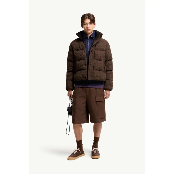 Moncler Oronte Cotton Flannel Short Down Jacket in Brown, view 2 | Men's Jackets | Coveti