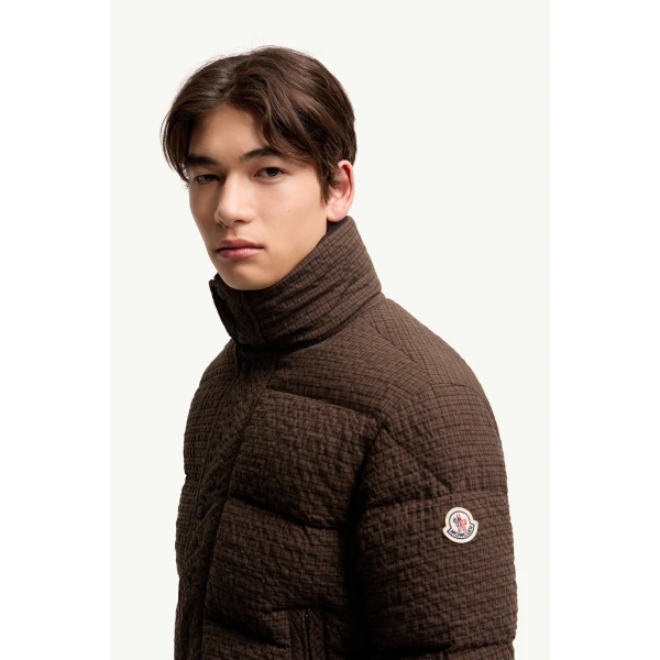 Moncler Oronte Cotton Flannel Short Down Jacket in Brown, view 3 | Men's Jackets | Coveti